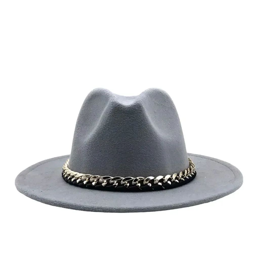 Gray Fedora Hat Stiff Brim Tall Dented Crown Chunky Chain Hat NEW